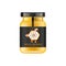 Realistic glass jar with honey. Food bank. Honey packaging design. Honey logo. Mock up glass jar with design label or