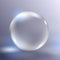 Realistic glass sphere, vector. Big transparent glossy 3d ball with blue glares