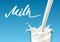 Realistic glass to pour milk splash, on a blue background. Handmade lettering