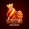 Realistic glossy red and orange color egg wearing crown on brown background.