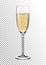 Realistic Glossy Transparent Glass full of Champagne. Bright saturated sparkling straw colored amber. Vector