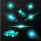 Realistic glow blue light effects. Lens flare set. Realistic glowing sparkles particles effects on dark transparent grid