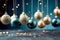 Realistic gold and blue baubles, snowflakes hanging on dark blue background