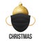 Realistic gold Christmas ball with medical disposable mask on white background