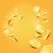 Realistic Gold coins explosion.success, luck, money falling,fly.coins set in different positions. Isolated on yellow