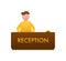 Realistic gold icon of reception bell and man on white backdrop. Customer help