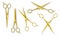 Realistic gold metal scissors. Closed and open stationery or hair salon golden scissor, barber tools top view isolated