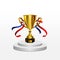 Realistic gold trophy on podium vector. Trophy cup with red and blue ribbon. Champion trophy,