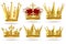 Realistic golden crowns. King, prince and queen gold crown and diadem royal heraldic decoration. Monarch 3d isolated