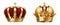 Realistic golden crowns. King, prince and queen gold crowns set. Royal heraldic decoration