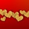 Realistic golden hearts on red background. Happy Valentines Day concept for greating card. Romantic Valentine gold