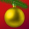 Realistic golden matte Christmas ball or bauble with fir branch on red background. Vector illustration