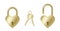 Realistic golden padlocks in heart shape open and closed with gold keys