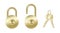 Realistic golden padlocks with keyhole in center and keys chain isolated on white background