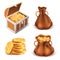 Realistic golden treasure. Coins stack, wooden treasure chest and canvas sack full of gold coins, shiny golden treasure