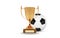 Realistic golden trophy Cup with gold ball inside. Winner Cup and football ball. Shiny golden 3d trophy awards on wooden