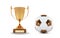 Realistic golden trophy Cup with gold ball. Winner Cup and football ball. Shiny golden 3d trophy awards on wooden shelf