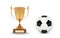 Realistic golden trophy Cup with soccer ball. Winner Cup and football ball. Shiny golden 3d trophy awards on wooden