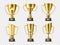 Realistic golden trophy cups. Metal winning awards. Different 3D shapes of championship gold prizes. Blank glossy