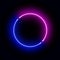 Realistic gradient neon circle frame. Pink and blue colored blank template isolated on black background. Geometric glow