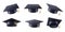 Realistic graduate cap. Graduation university black hat, celebration education and college caps vector 3D illustration