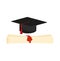 Realistic graduation cap and diploma scroll isolated on white background. Academic hat with tassel and university degree