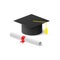 Realistic graduation hat and rolled diploma with red ribbon. Vector illustration isolated on white background