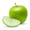 A realistic granny smith or green apple with a leaf and reflection