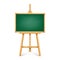 Realistic green chalkboard on wooden easel. Blank blackboard in wooden frame on a tripod. Presentation board, writing