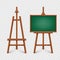 Realistic green chalkboard on wooden easel. Blank blackboard in wooden frame on a tripod. Presentation board, writing