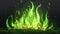 A realistic green fire border with burning flames, isolated on a transparent background. Bonfire blaze glowing effect