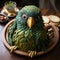 Realistic Green Parrot Cake With Detailed Costumes And Earthy Colors