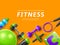Realistic gym fitness accessories. Frame background with place for text, training yoga equipment, sports devices, female