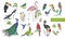 Realistic hand drawn colorful collection of beautiful exotic tropical birds with palm leaves. Flamingos, cockatoo