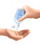 Realistic hands disinfection. Alcohol sanitizing gel in clear bottle, medical antibacterial cleaning product