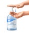 Realistic hands sanitizer bottle. 3d dispenser pump bottle with human hands interaction, transparent disinfectant gel