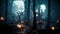 Realistic haunted forest creepy landscape at night. Fantasy Halloween forest background. Digital art.