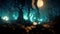 Realistic haunted forest creepy landscape at night. Fantasy Halloween forest background. Digital art.