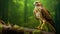 Realistic Hawk Perched On Branch With Green Background