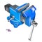 Realistic Heavy Duty bench vise on swivel base. 3D Metal blue vice, metalwork tool isolated on white background. Vector