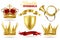 Realistic heraldic symbols. Golden crowns, king and queen gold diadem. Trumpet, shield and ribbons royal vintage vector