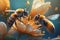 Realistic Honey Bees Collecting Pollen on Flowers, AI Generated
