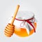 Realistic honey jar with honey dipper. Vector icon.