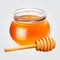 Realistic honey jar with honey dipper. Vector icon.