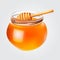 Realistic honey jar with honey dipper. Vector icon.