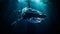 Realistic Hyper-detailed Rendering Of Great White Shark In Dark Cyan And Dark Amber Water With Large Format Lens And Rtx