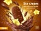 Realistic ice cream poster. Chocolate popsicle with vanilla flavor in cocoa splash, flying flowers, glaze with nuts