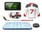 Realistic ice hockey elements. 3D sport objects, team play, wooden stick, rink and puck, game score on electronic