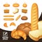 Realistic icons set bakery products from different angles bread, sliced bread, a loaf, a bagel