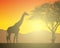 Realistic illustration of African landscape with safari, trees and giraffe under orange sky with rising sun. Mountains on the